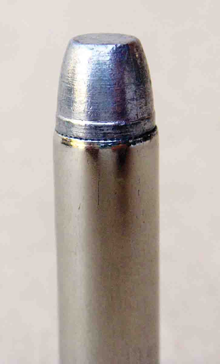 A maximum roll crimp should be applied to all handloads, but the crimp should never be so heavy that it causes damage to the bullet.